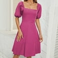 thumbnail image 4 of Mrat Puff Sleeve Dress for Women Short Solid Dress Short Sleeve Squares Neck A-Line Dress Can Wear off Shoulder S-58 Hot-Pink s, 4 of 8