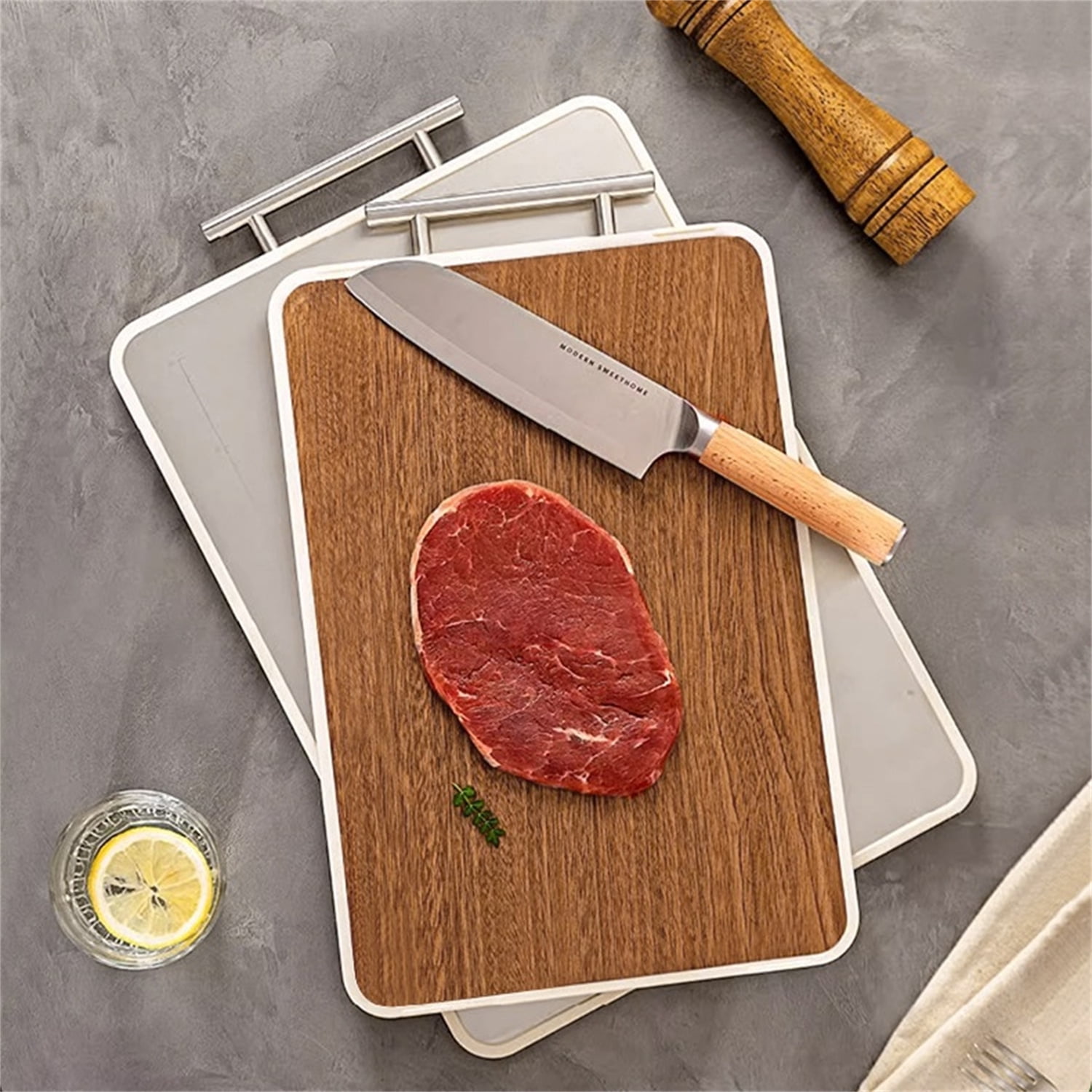 Dingrich Double-Sided Cutting Board for Kitchen, 15x10inch Chopping Board with Non-Slip Suspension Handle, Ebony Wood and Stainless Steel Sides for Cutting Diverse Ingredients, 1 Pack