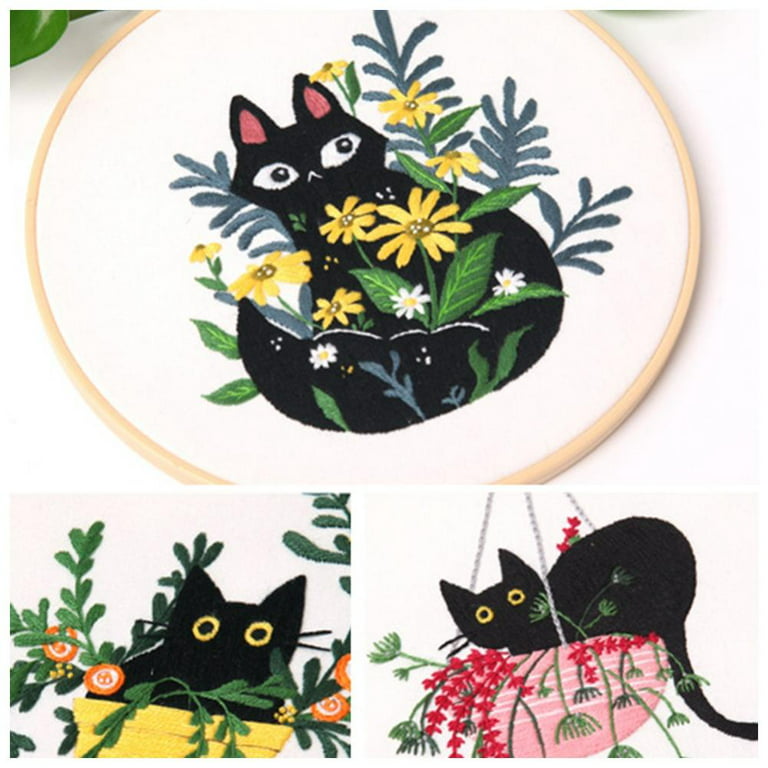 Black Cat on Yellow Pot 🐈‍⬛ Beginners Embroidery Kit Tutorial 