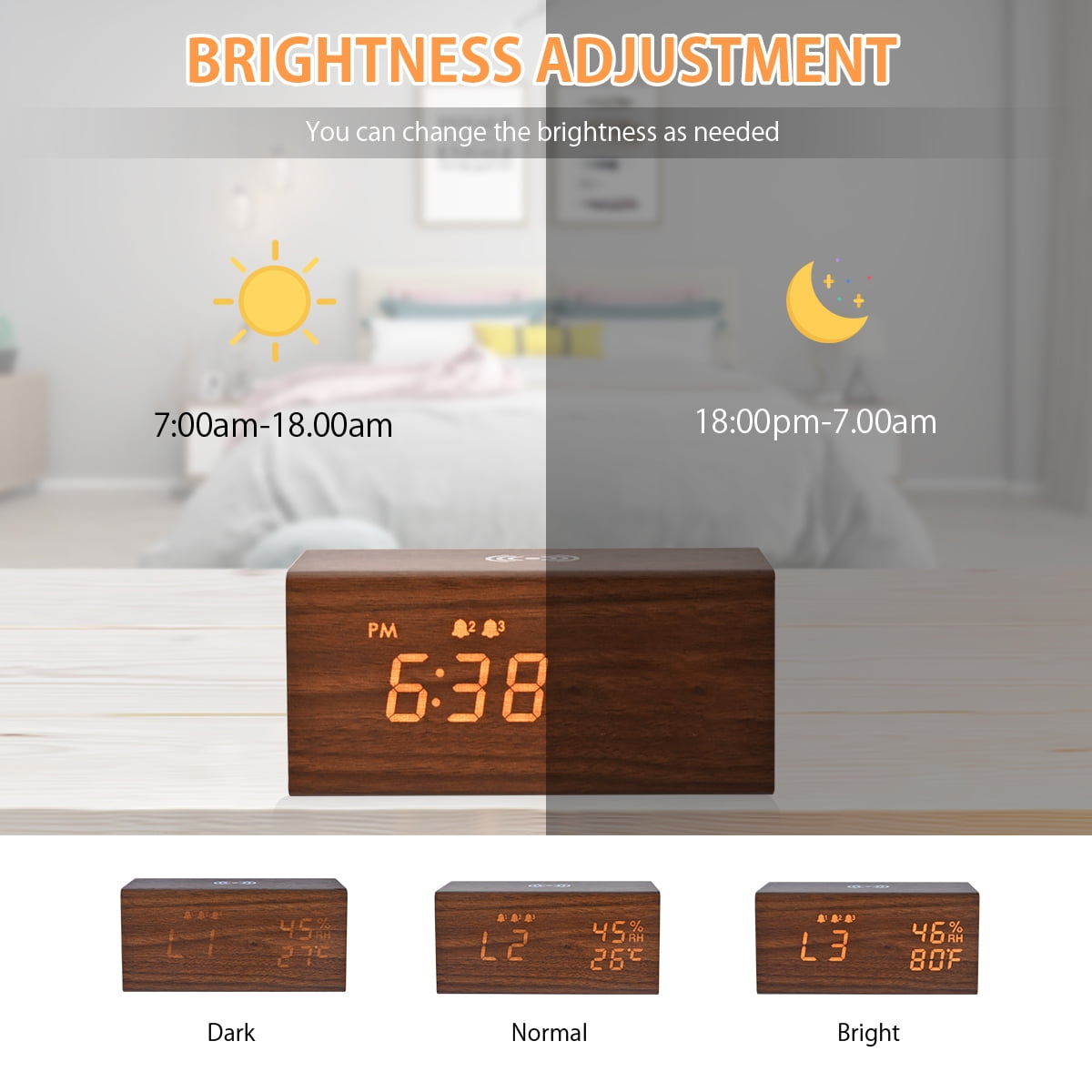 ELECTIME Wooden Digital Alarm Clock with Wireless Charging, Bluetooth Speaker, Temperature, Humidity