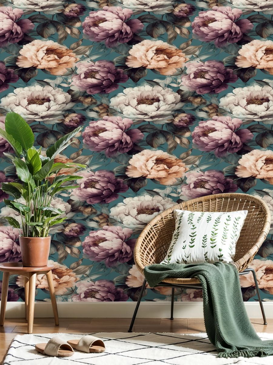 Flower Peel and Stick Wallpaper 23.6in x 9.8ft Vintage Floral Peony Soft Pastel Colors Teal Contact Paper Vinyl Waterproof Self Adhesive Wall Paper for Bedroom Shelf Cabinet Renter Friendly