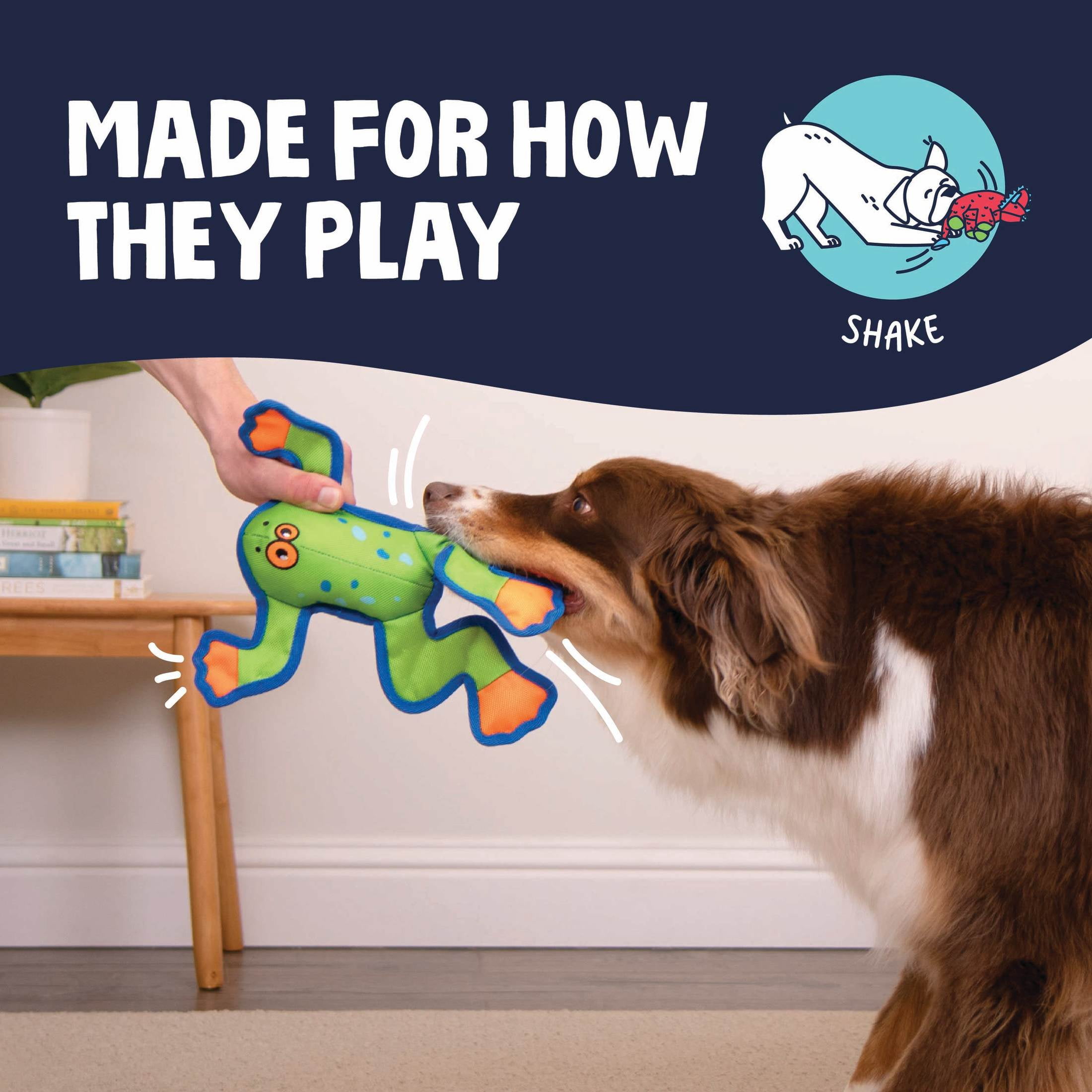 goDog Flap ‘N Fun Freddy Frog Squeaky Dog Toy, Plush with Chew Guard Technology, Green/Orange, Medium