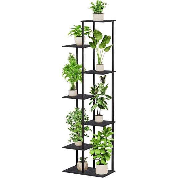 Plant Stand Indoor 7 Tier 8 Potted Metal Wood Plant Shelf, Multiple Flower Pots Corner Tall Plant Holder Stands for Living Room Balcony Bedroom, Black