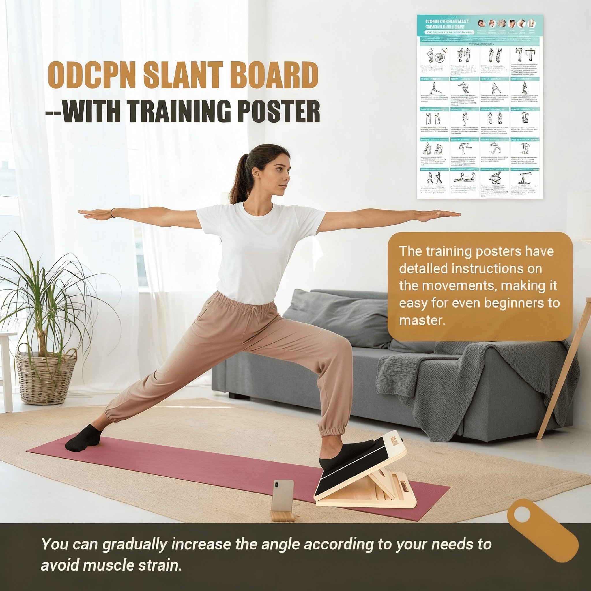 PIERCINGFUN Portable Wooden Slant Board for Calf Stretching, Adjustable Incline Board for Knees Ankle Heel Feet Leg with Training Poster & Resistance Bands
