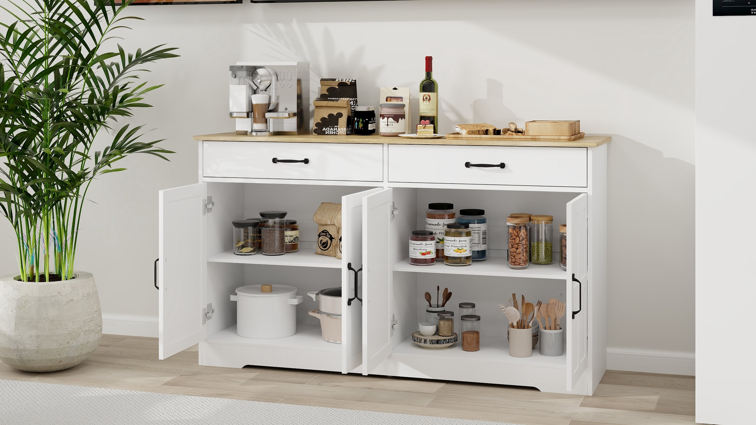Mintazer Farmhouse Sideboard Buffet Cabinet with 2 Drawers & 4 Doors, Freestanding Storage Cupboard with Adjustable Shelves for Kitchen Dining Room Living Room, White