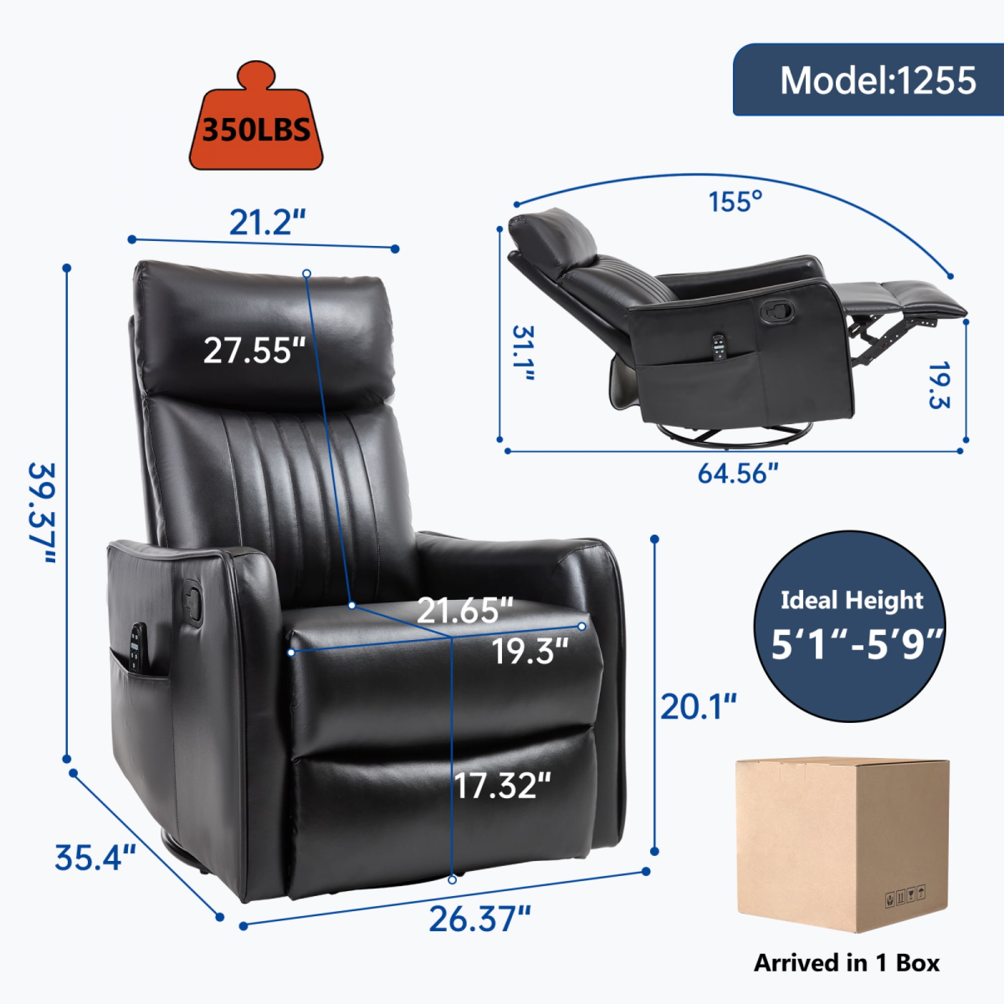 360 Swivel Rocking Recliner Chair for Adults, Nursery Rocking Chair with Heat and Massage, Glider Reclining Chair for Small Space, Living Room, Bedroom (PU, Black)