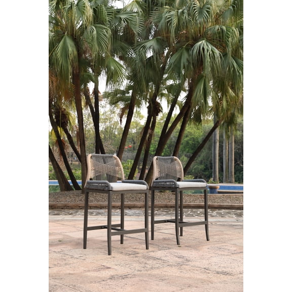 Bar Stools Set of 2 Counter Height Two-Tone Rope Wicker Stools for Patio Bar Home Outdoor Leisure, Grey