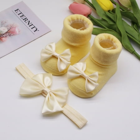 

Esho Baby Girls Soft Lace Cotton Socks + Elastic Bowknot Headband Infants Headwear Floor Socks Set 0-6M 6-12M