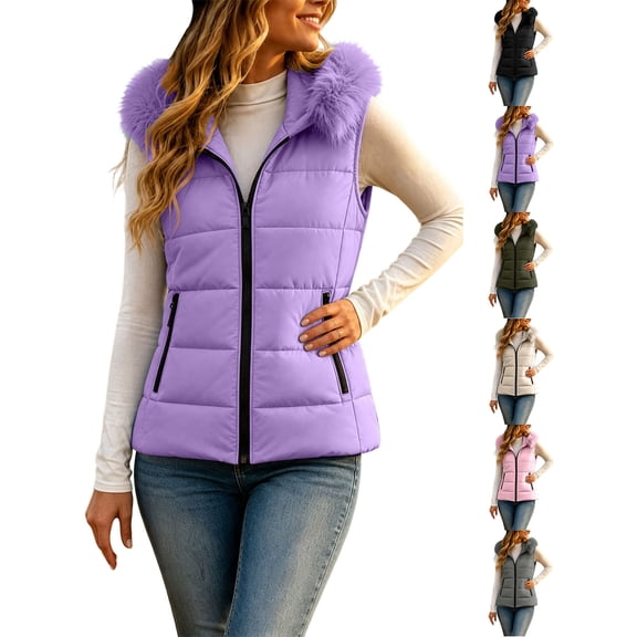 Ywyfzly Women's Quilted Puffer Vest with Faux Fur Collar Zip Up Sleeveless Padded Gilet with Pockets Solid Color Fall Winter Outerwear Purple XXL