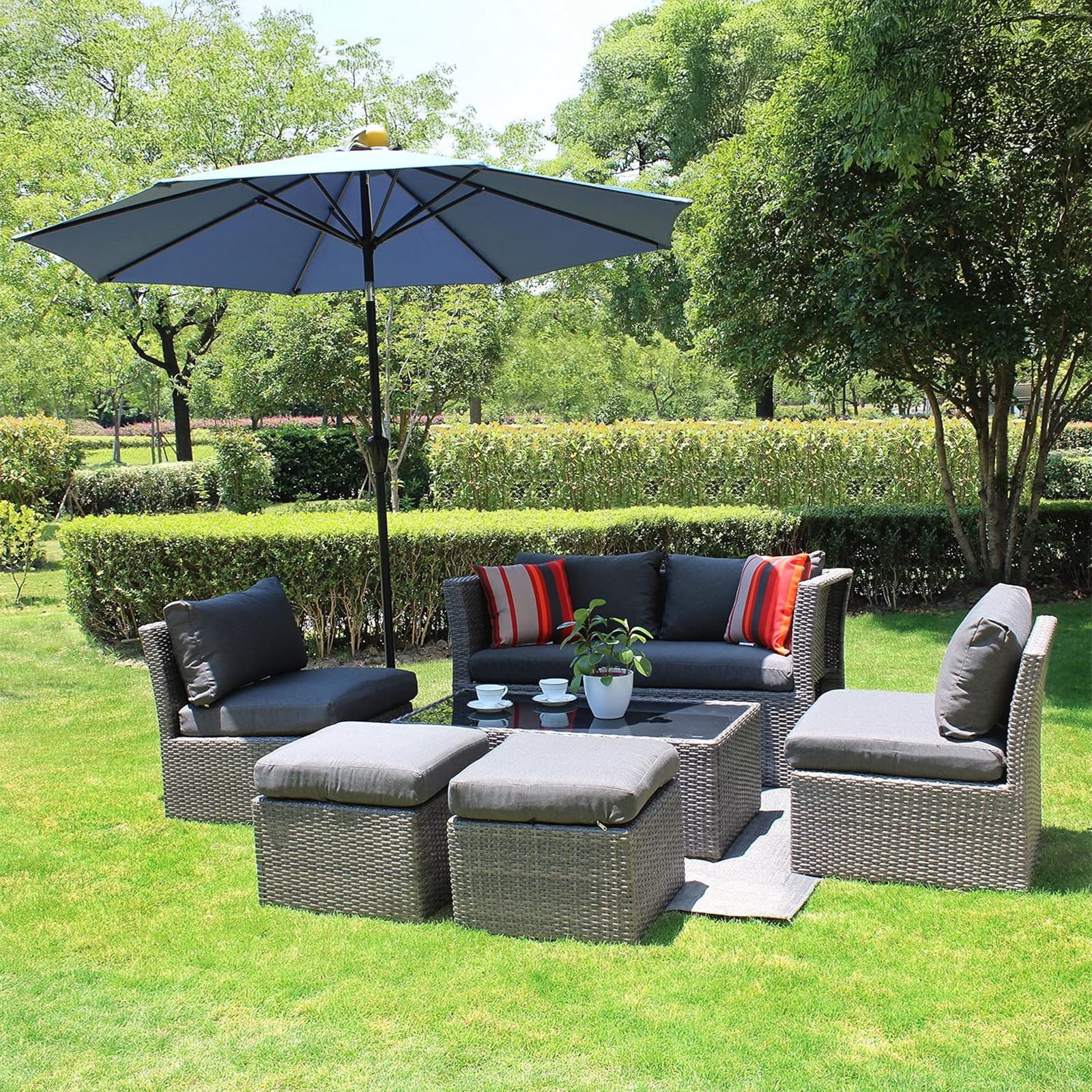 Belle Patio Sunset 6-Piece Wicker Outdoor Patio Furniture Conversation Set with 6 Seats, Tempered Glass Coffee Table & Gray Cushions