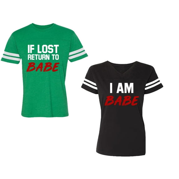 IF Lost Return To Babe I am BabeUnisex Couple Matching Cotton Jersey style T-Shirt Contrasting stripes on sleeves (Men Green / Women Black) (Men S / Women S)