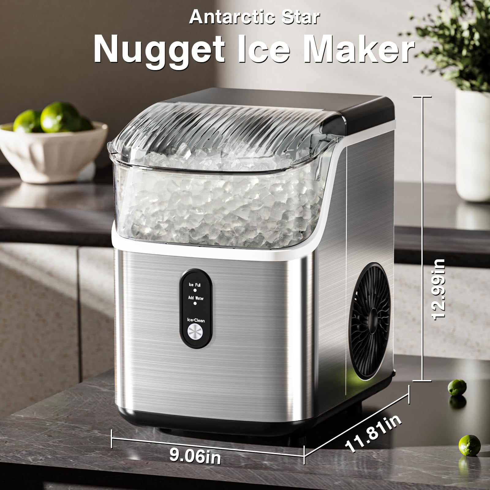 FREE VILLAGE Nugget Ice Makers Countertop,Pebble Ice Maker Machine with Soft Chewable Ice,35lbs/24H,Self-Cleaning,One-Click Operation,Stainless Steel, Crushed ice Maker for Home Kitchen Office