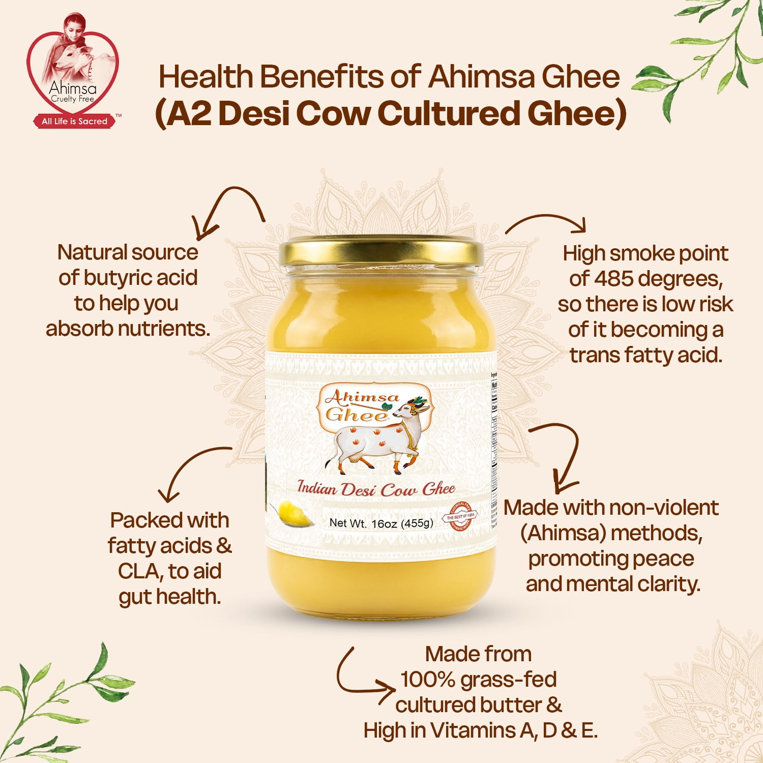 Ahimsa Pure A2 Desi Cow Cultured Ghee, 16 oz