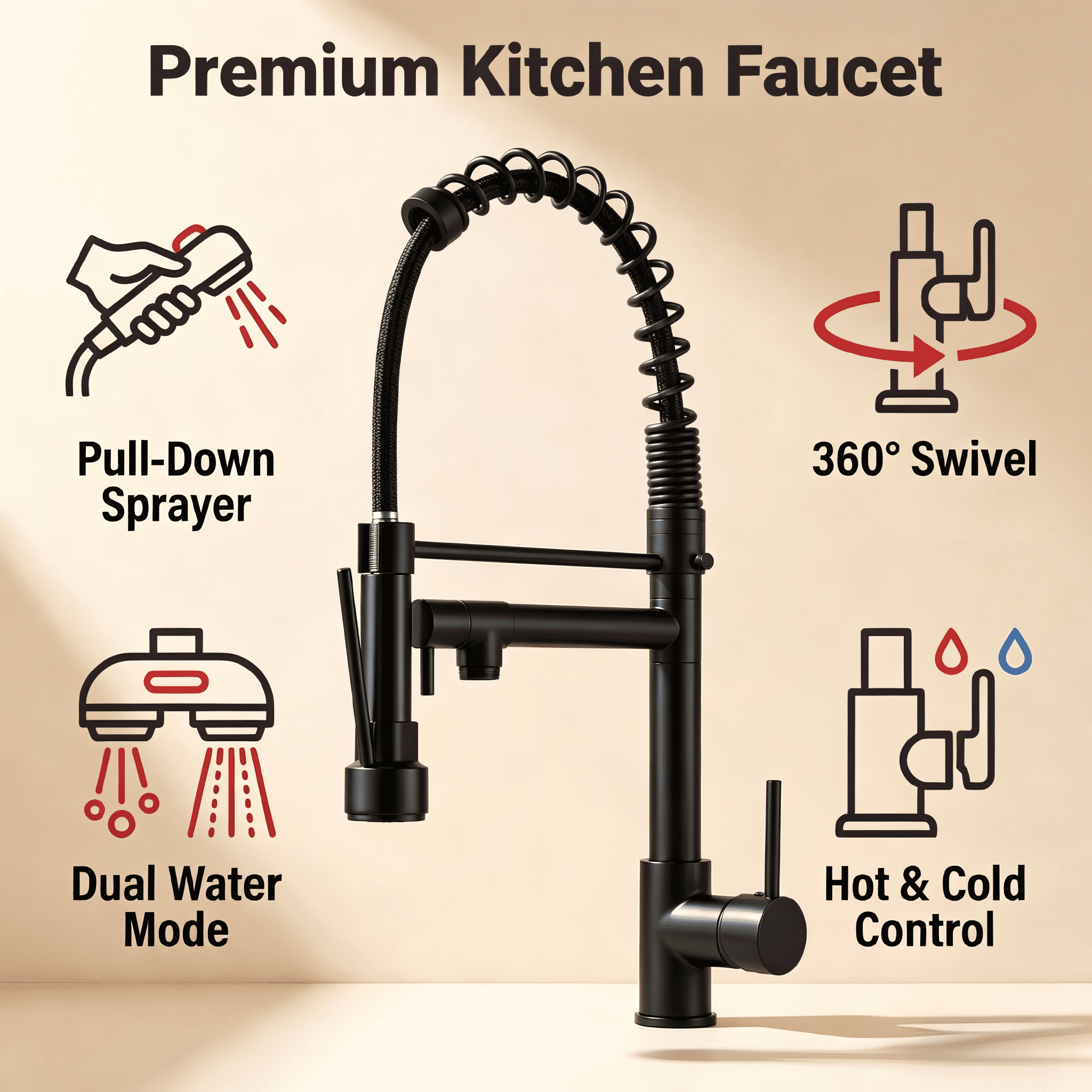 Matte Black Commercial Kitchen Faucet: High Arch Spring Design, Pull Down Sprayer, Single Handle & Fingerprint-Free Finish. Ideal for Farmhouse, Laundry, Utility Sink, and RV.