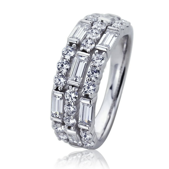 Platinum Plated Sterling Silver ct Round & Baguette CZ Three Row Wedding Anniversary Ring ( Size 5 to 9 ), 8