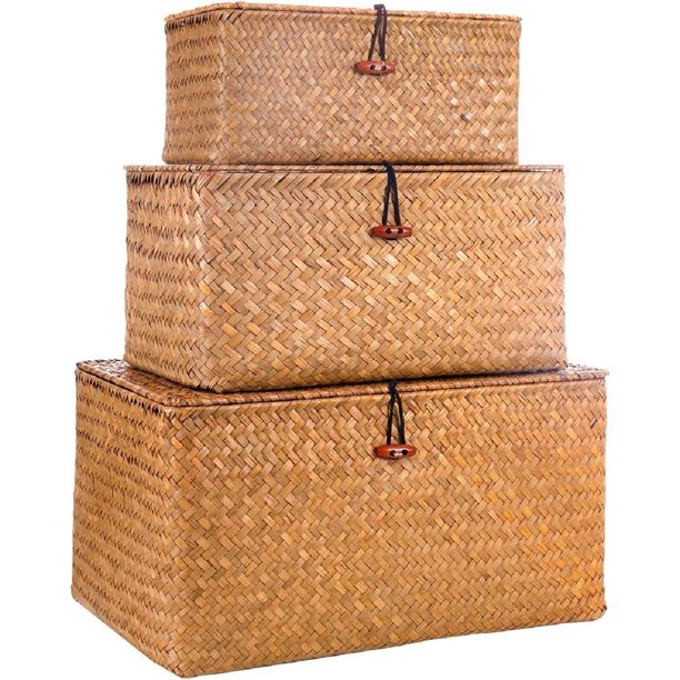 Decorative Wicker Storage Bins with Lids,Woven Seagrass Storage Baskets