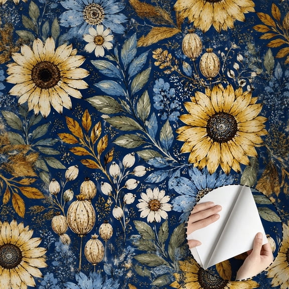 Vintage Floral Sunflower Wallpaper Boho Rustic Peel and Stick Wallpaper Waterproof Contact Paper for Home Decor Removable for Bedroom Living Room Kitchen Cabinet Drawer 17.7 * 78.5 in