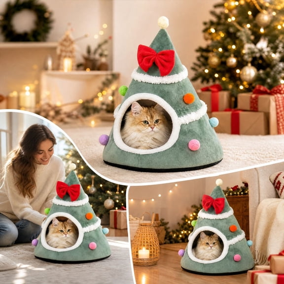 Christmas Tree Cat Bed with Bow - Winter Warm House for Cats, Soft Enclosed Sleeping House with Removable Cushion Non-Slip Base
