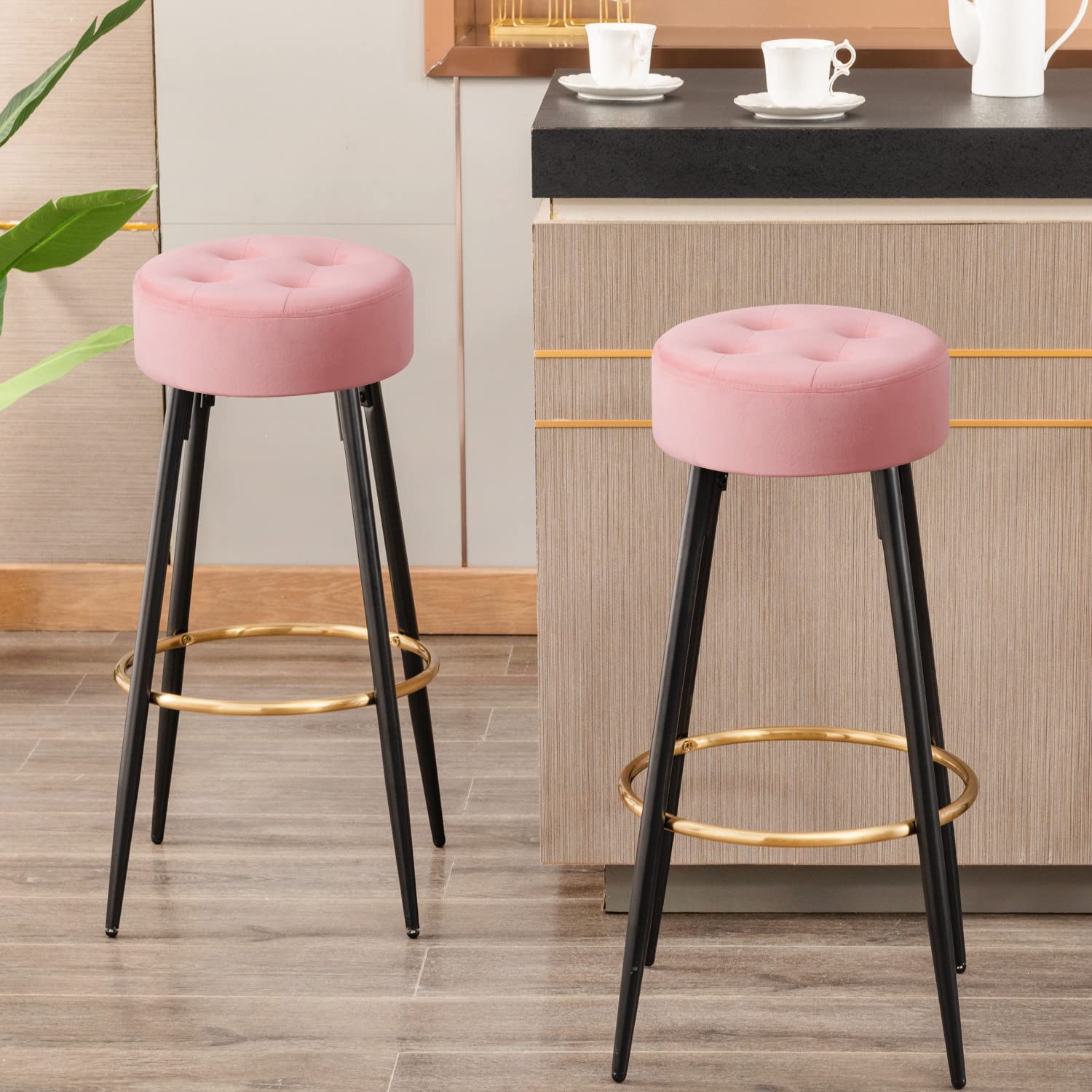 30"Round Pink Velvet Bar Stools Set of 2 Upholstered Kitchen Counter