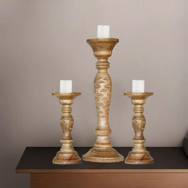 Traditional Wallnut Eco-friendly Handmade Mango Wood Set Of Three 9",15" & 9" Pillar Candle Holder for use, Living Room, Dinning Room, Study Room, Spa, Restaurants, Place Of Worship, etc