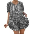thumbnail image 2 of Maqroz Pajama Sets for Women 2 Piece Gingham Pajama Set Short Sleeve Top and Shorts Soft Cotton Sleepwear Plaid Pattern Nightwear Ruffle Detail Loungewear Cute Button Down Home Outfit for Summer, 2 of 7