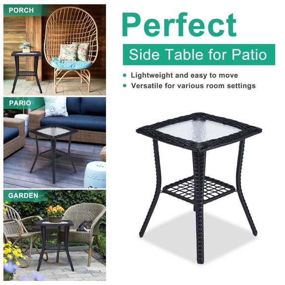 NeoNiches Square Outdoor Wicker End Table, Rattan Patio Side Table with Glass Top, Weather Resistant Small Bistro Table for Porch Garden Backyard