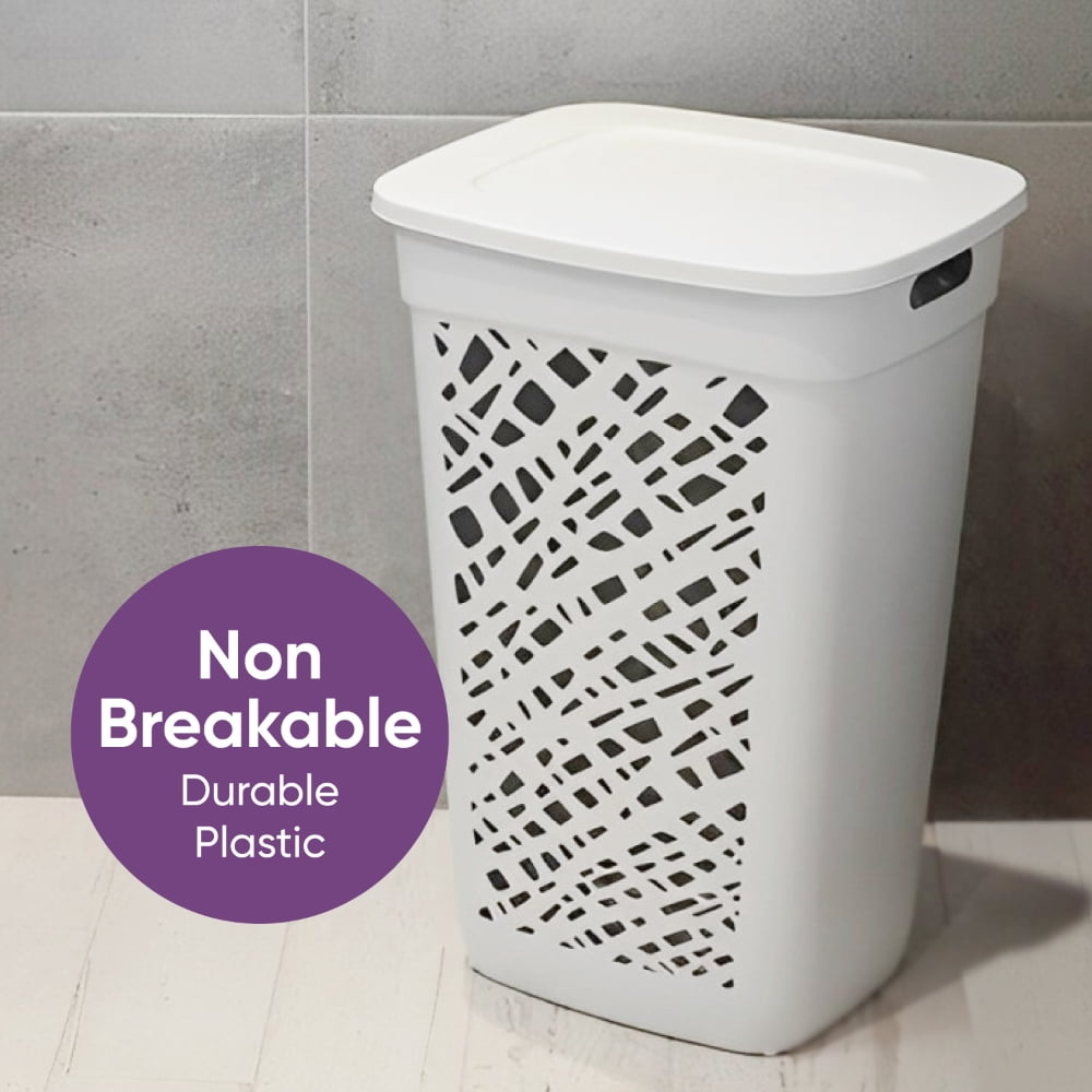 Non-Breakable Mosaic Hamper, 60L -Misty White, Elegant Design, Vented Laundry Basket, Made in France