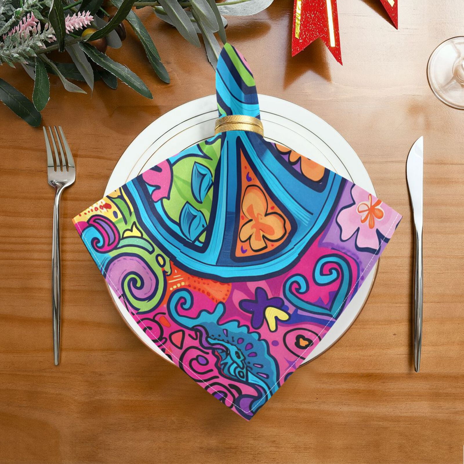 JSTEL Cute Peace Sign Cloth Napkins Set of 6, 20x20 Inch Washable and Reusable Napkin for Decoupage Dinner Party Everyday Use