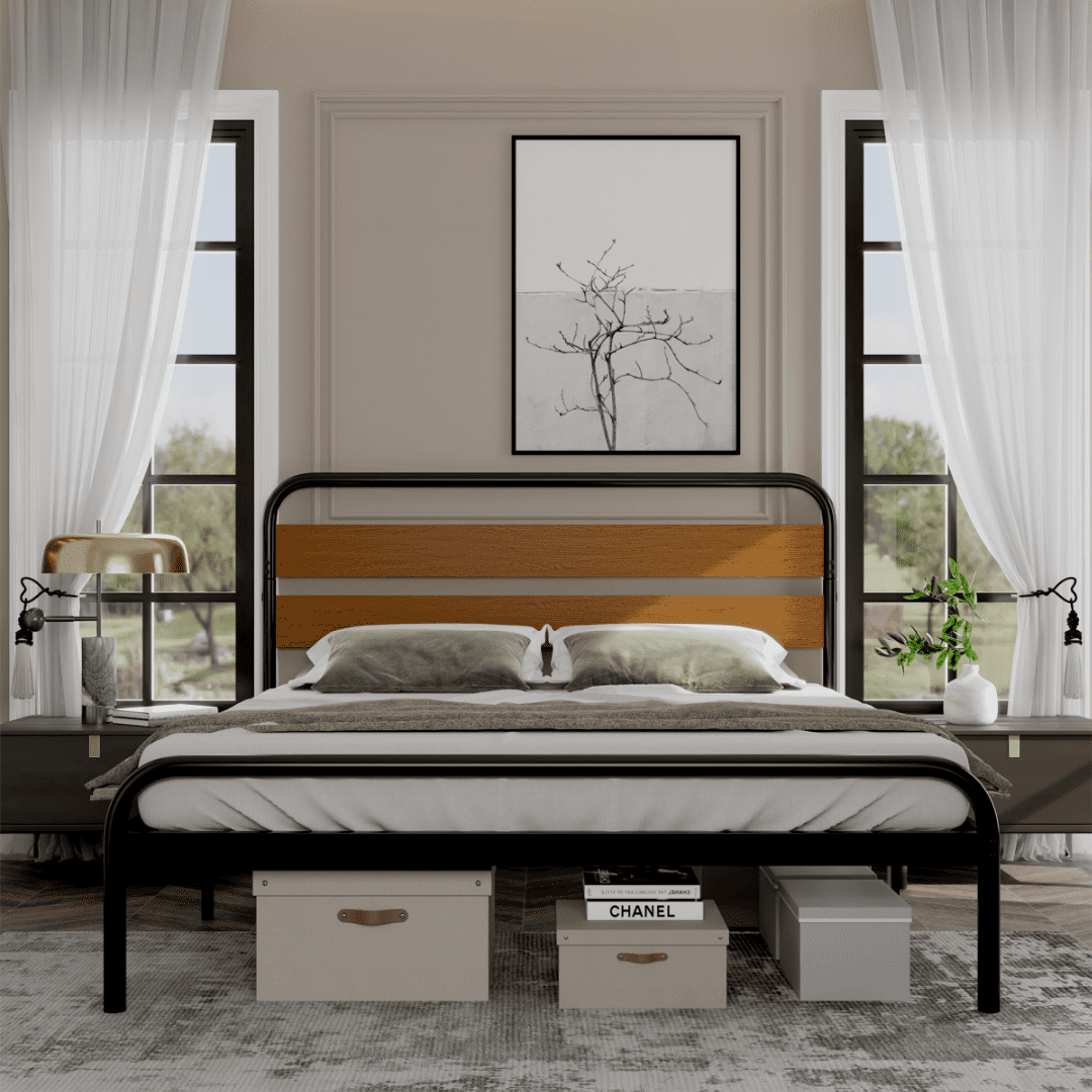 King Size Platform Bed Frame with Wood Headboard, Heavy Duty Bed Mattress Foundation with Storage, No Box Spring Needed, Easy Assembly, Brown