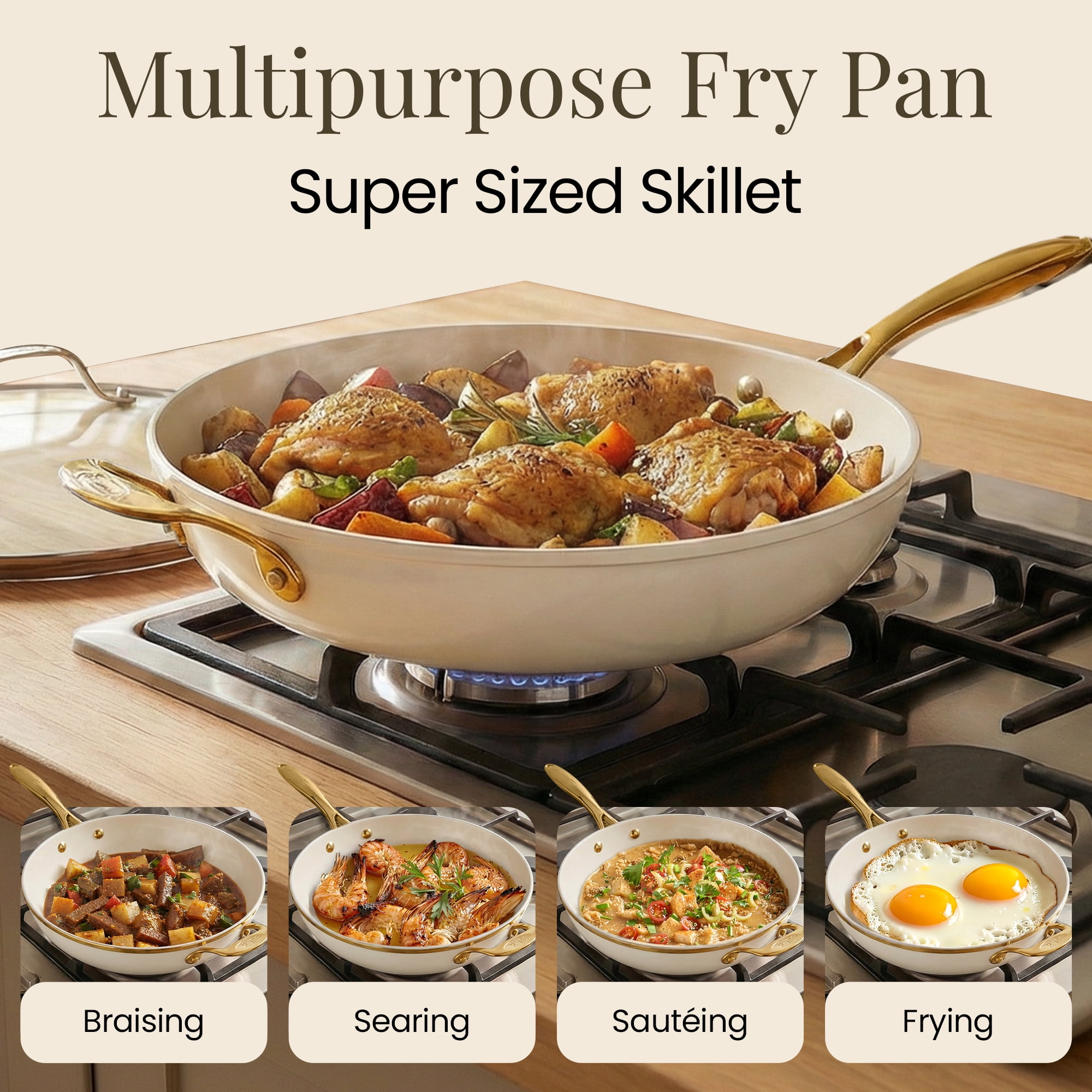 Gotham Steel 14 Inch Frying Pan with Lid, Extra Large Frying Pan Skillet for Family Cooking, Non Toxic Ceramic Nonstick Coating, Ergonomic Stay Cool Handle + Helper Handle, Oven and Diswasher Safe