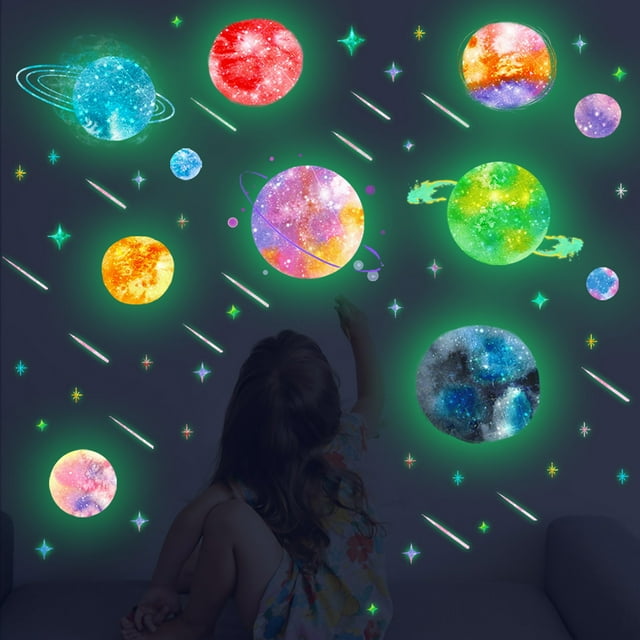 Pegatinas de pared que brillan en la oscuridad | Adhesivos luminosos del sistema solar para la habitación infantil y el techo del dormitorio | Decoración del cielo nocturno con temática espacial