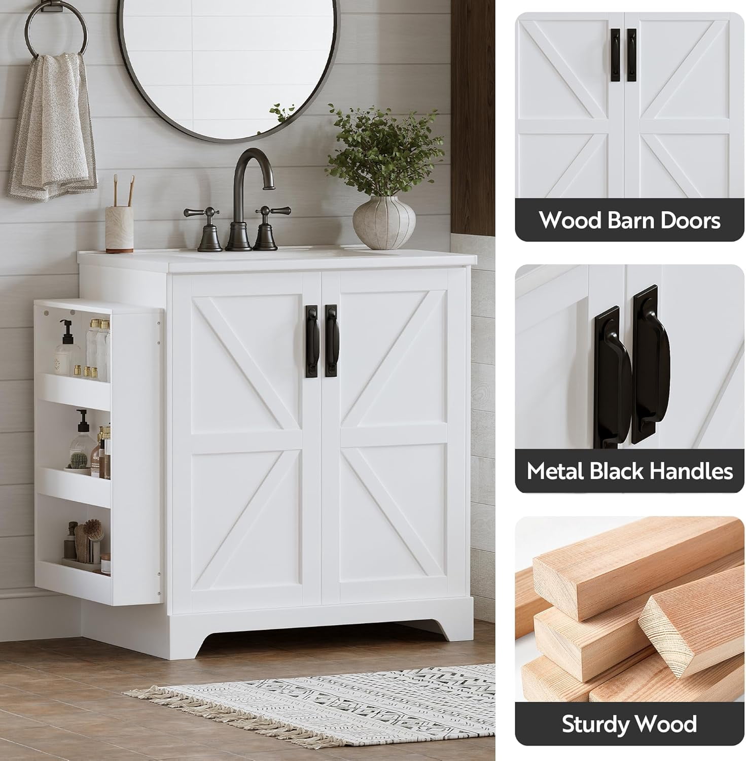 LAZZO 31" Bathroom Vanity with Ceramic Sink, Farmhouse Bathroom Vanities with Storage Cabinet and 3 Extra Side Shelves, White