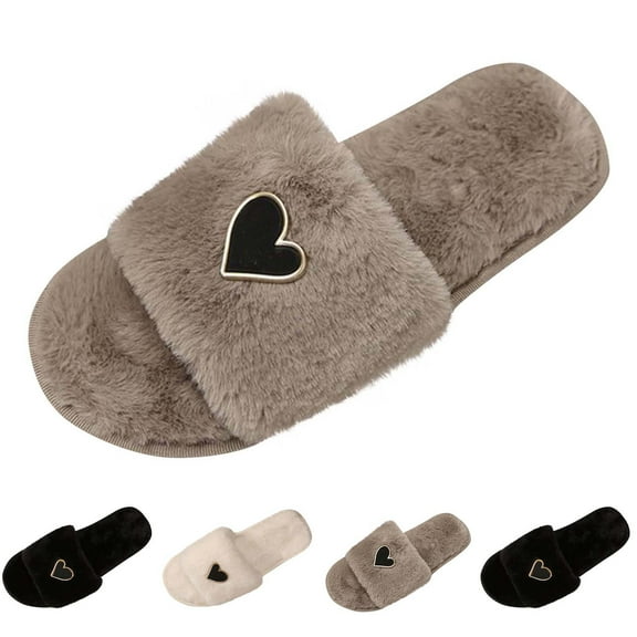 Xfvqtps Fuzzy Slippers for Women Love Decor Fake Fur Open Toe Soft Sole Slide House Slippers for Indoor Bedroom Furry Slipper for Winter Fall Khaki