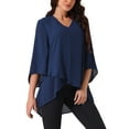 thumbnail image 4 of INSPIRE CHIC Women's High Low Tops Dressy Casual 3/4 Bell Sleeve V Neck Asymmetrical Hem Shirt Chiffon Blouse S Navy Blue, 4 of 5