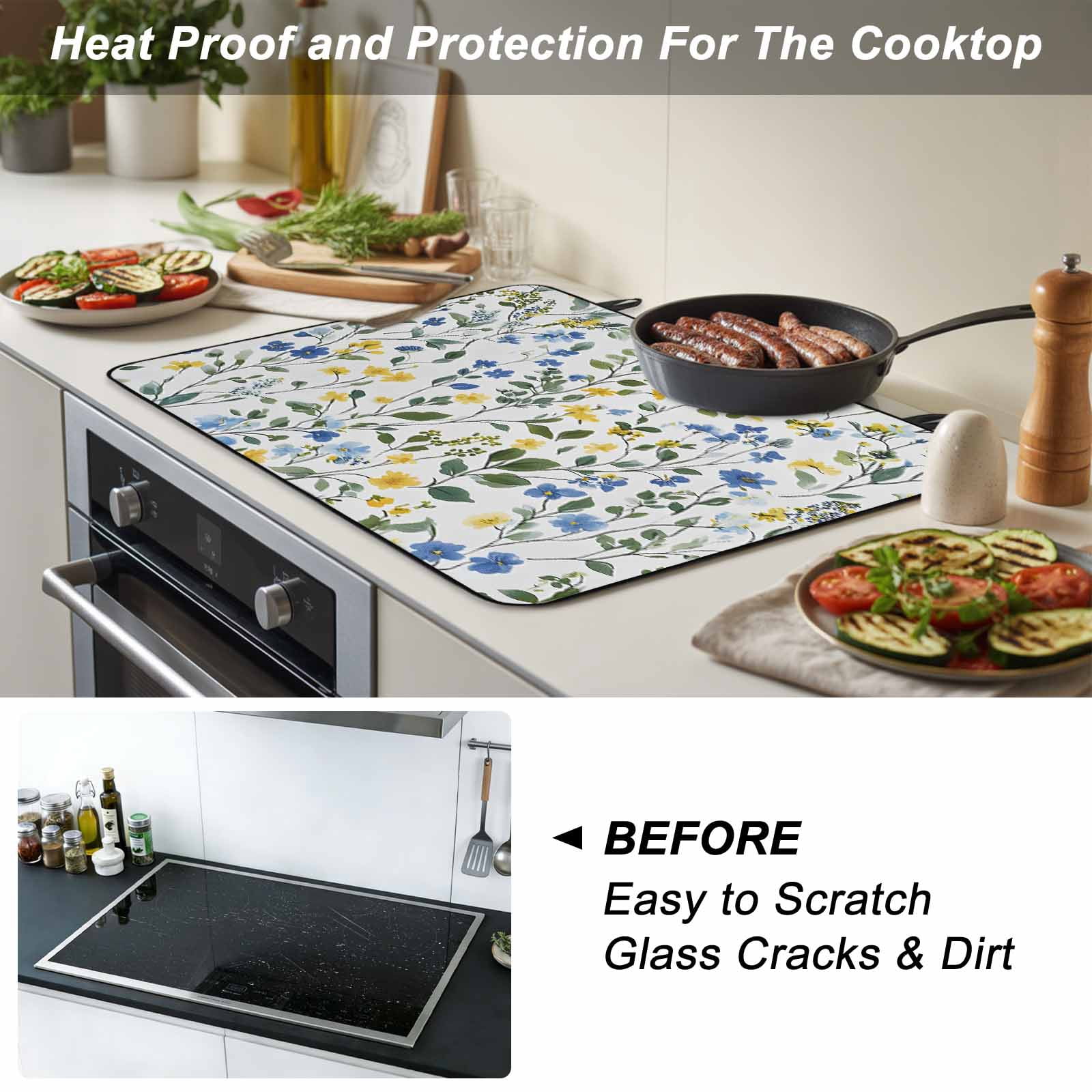 Elegant Blue Yellow Spring Floral Stove Top Cover for Electric Stove, Heat-proof & Non Slip Glass Top Stove Cover Protector, Summer Botanical Green Kitchen Flat Cooktop Rubber Mat 24x21 Inches