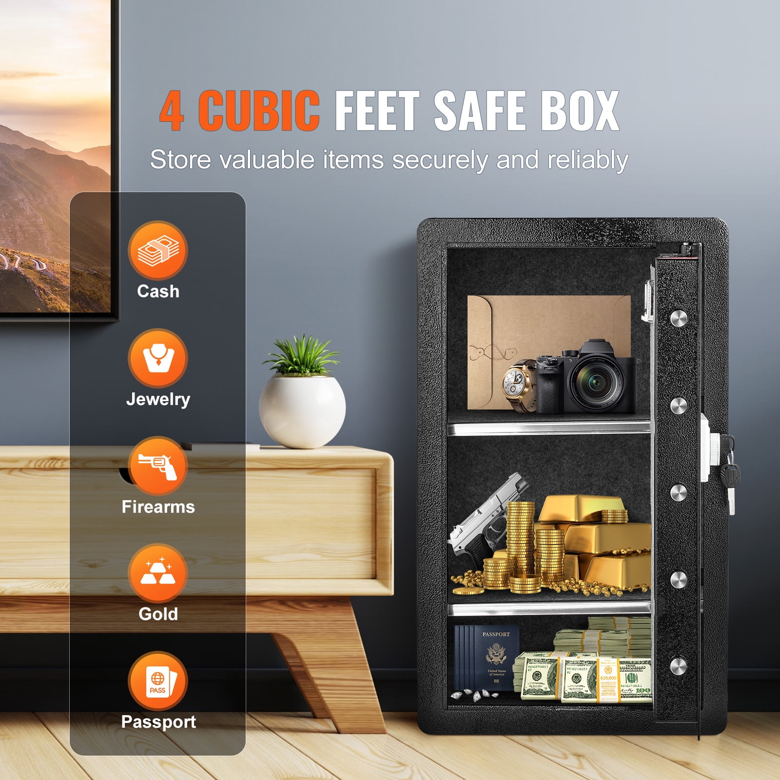 KFFKFF Single Door 4.0 cu.ft Security Safe, Key, Password & Fingerprint Access, Includes Fireproof Bag, Key Organizer, LED, 2 Shelves - Ideal for Cash, Papers, Jewelry, Black