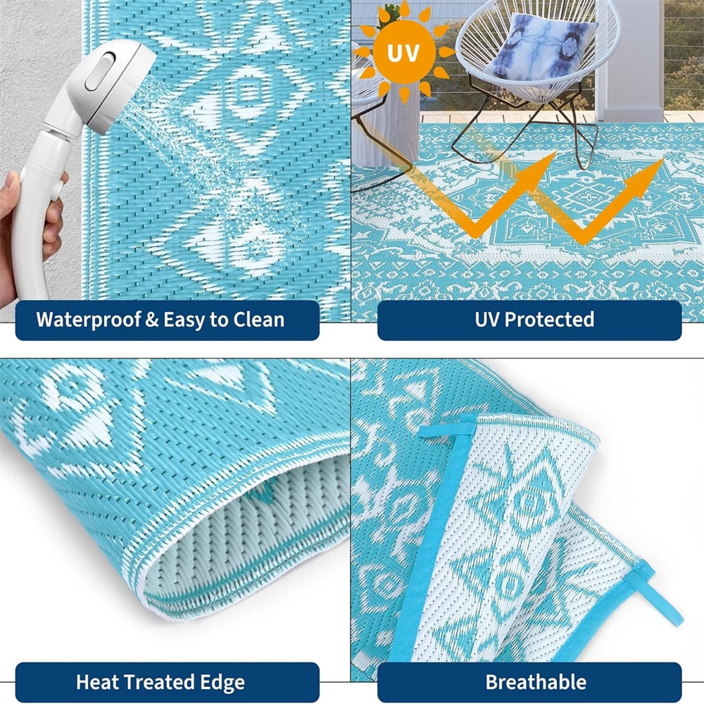 Outdoor Rugs8x10ft/9x12ft/10x14ft/9x18ft/10x20ft Waterproof Portable for Patio, Reversible Outdoor Plastic Straw Rug for Camping, RV Mat Modern Plaid Outdoor Rugs for Porch, Deck, Backyard, Balcony,