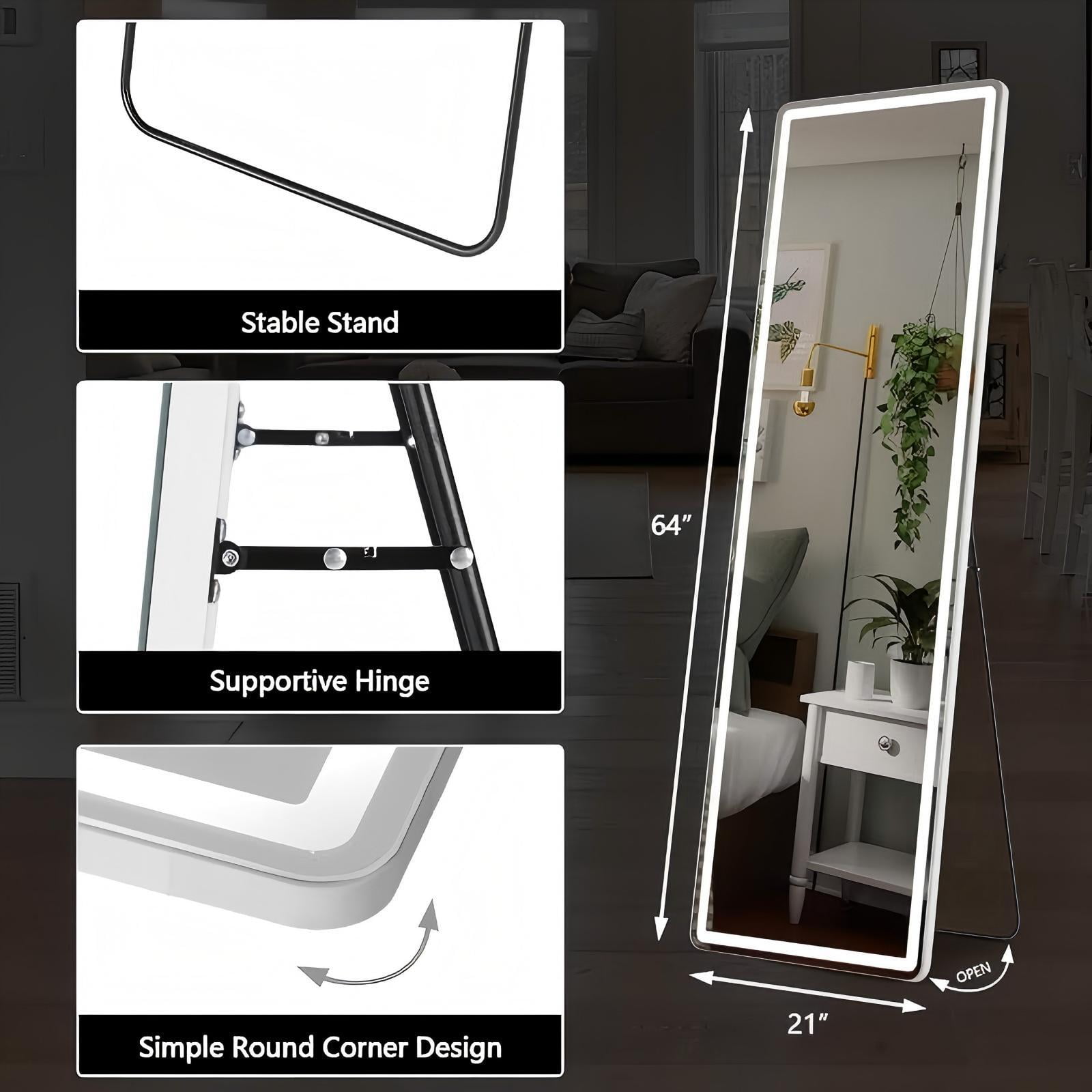 Gleamira 64"x21" LED Full Length Mirror Rectangular Floor Mirror with Stand, White