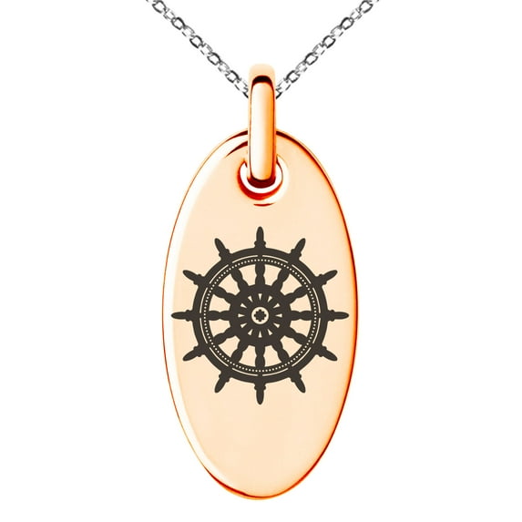 Stainless Steel Nautical Ship Helm Wheel Engraved Small Oval Charm Pendant Necklace