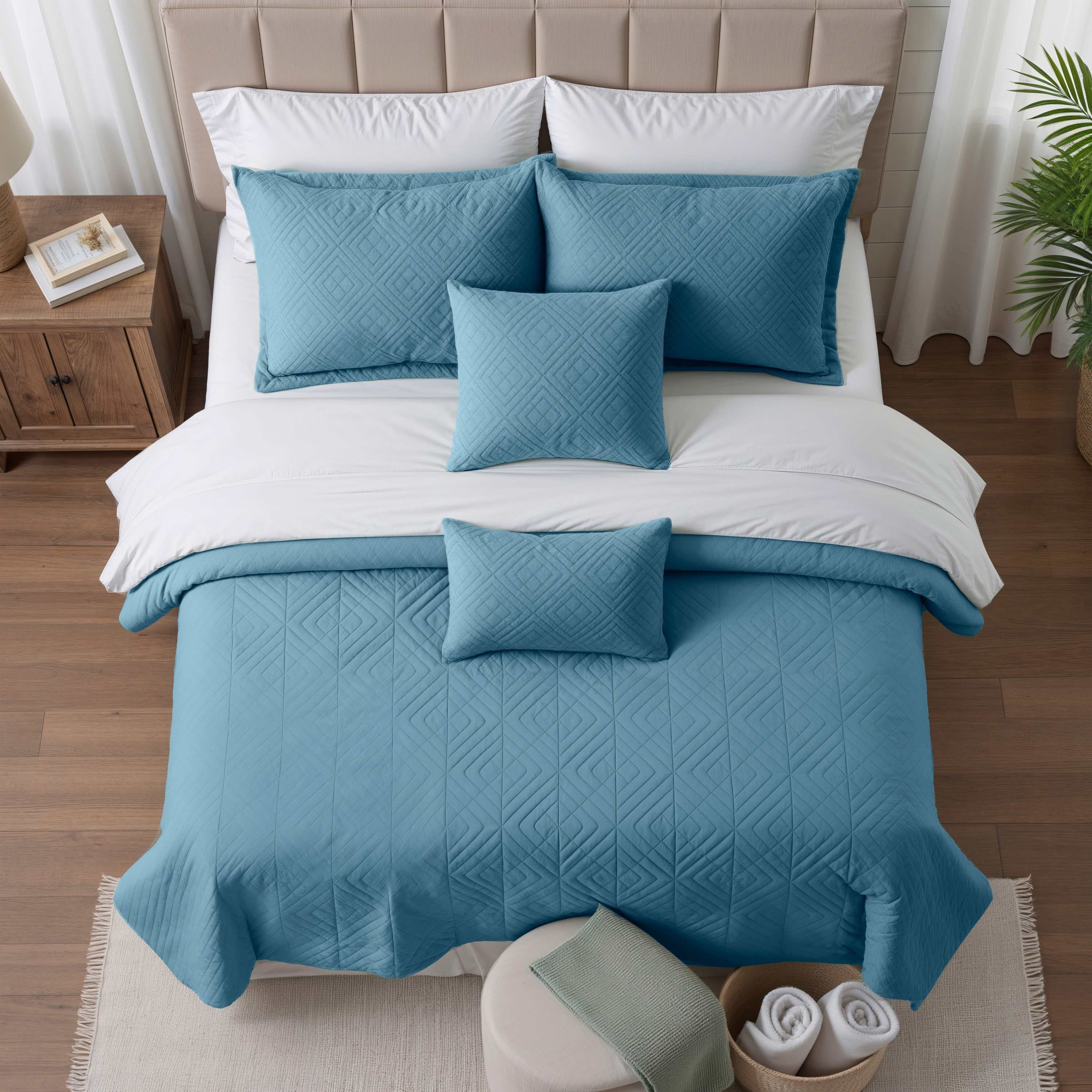 Clara Clark Quilt Sets, 5 Piece Lightweight Reversible Quilt Bedspread, Diamond Weave Coverlet Bedding Set, Queen Blue Heaven