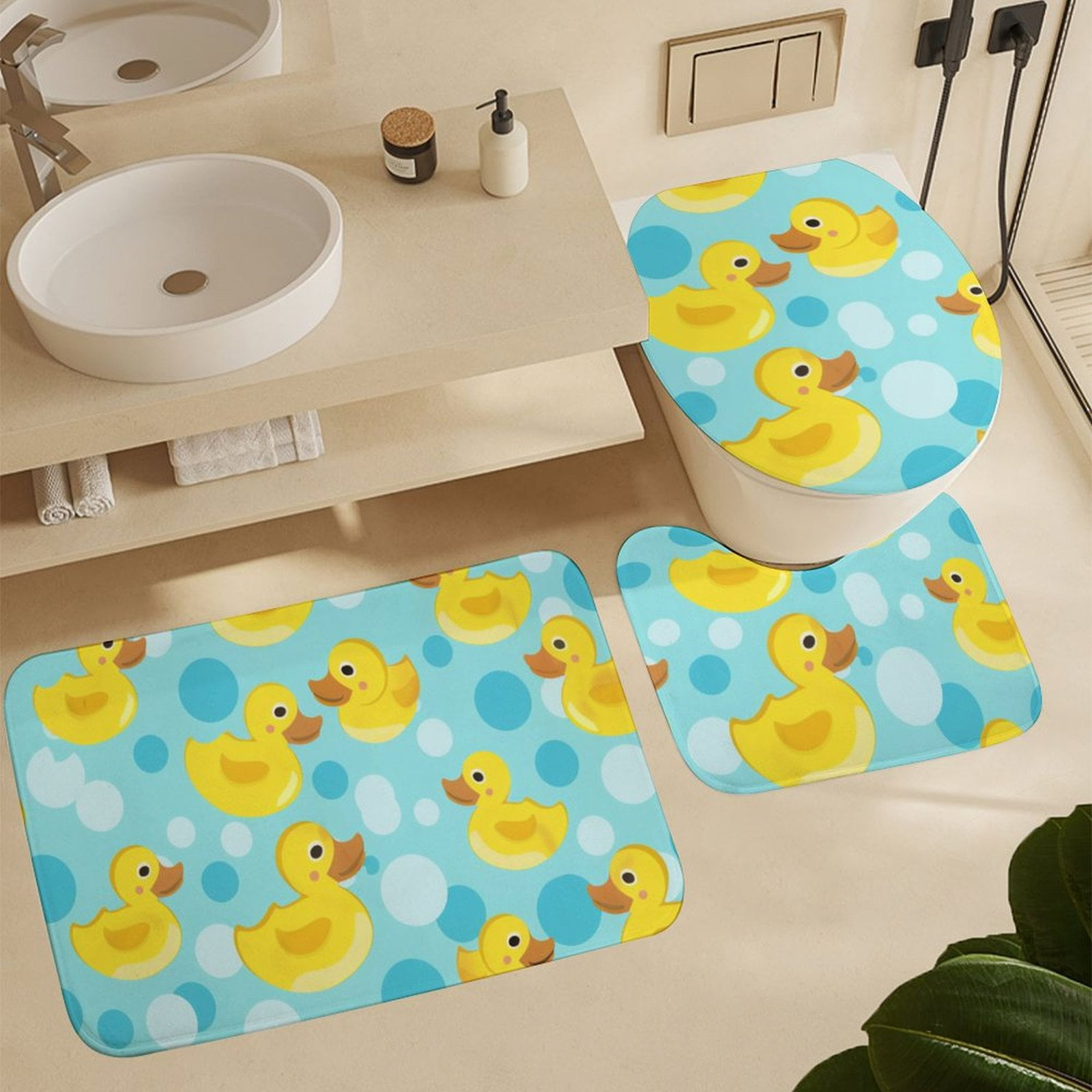 Cute Rubber Duck 4 Pcs Bathroom Shower Curtain Set, Bathroom Sets with Rugs (Bath Mat, U Shape and Toilet Lid Cover Mat) and 12 Hooks,