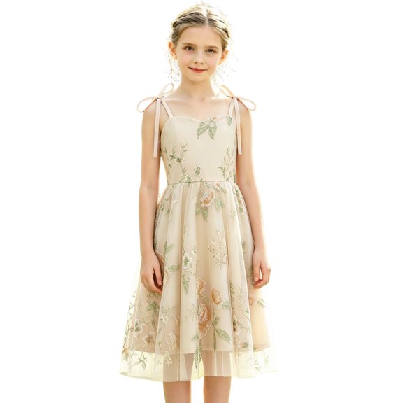 FYDUU Embroidery Flower Girl Dress for Kids Wedding Bridesmaid Tulle Dresses Sleeveless Bowknot Princess Pageant Birthday Party Gown 4-5 Years