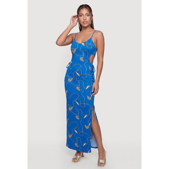 Women's Seashell Chain Print Maxi Cami Dress with Side Cutout