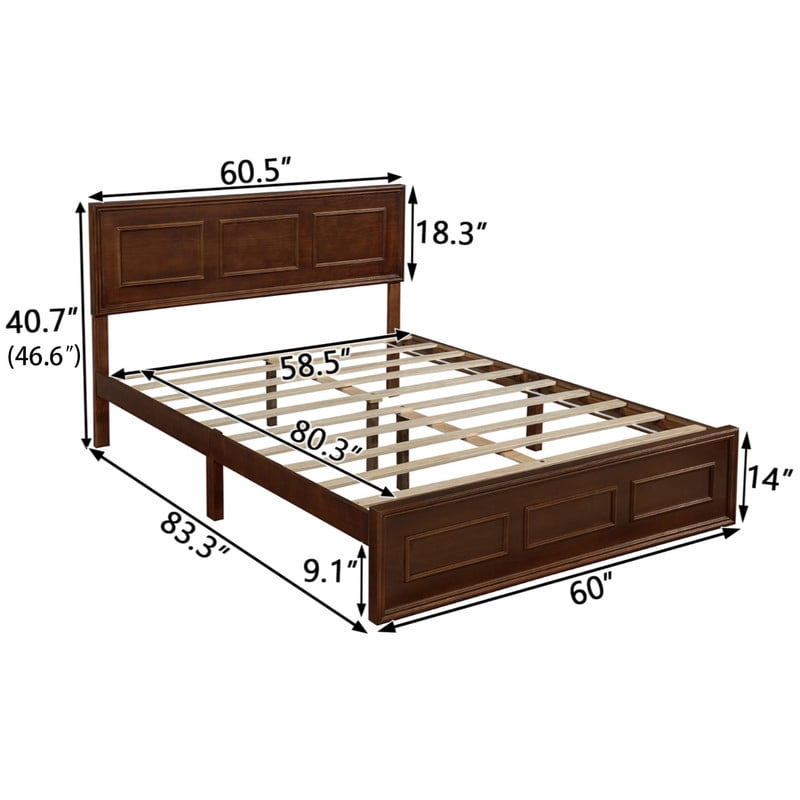 Vintage Queen Size Platform Bed with Adjustable Height Headboard, Wooden Low-Profile Bed Frame with Under-Bed Storage