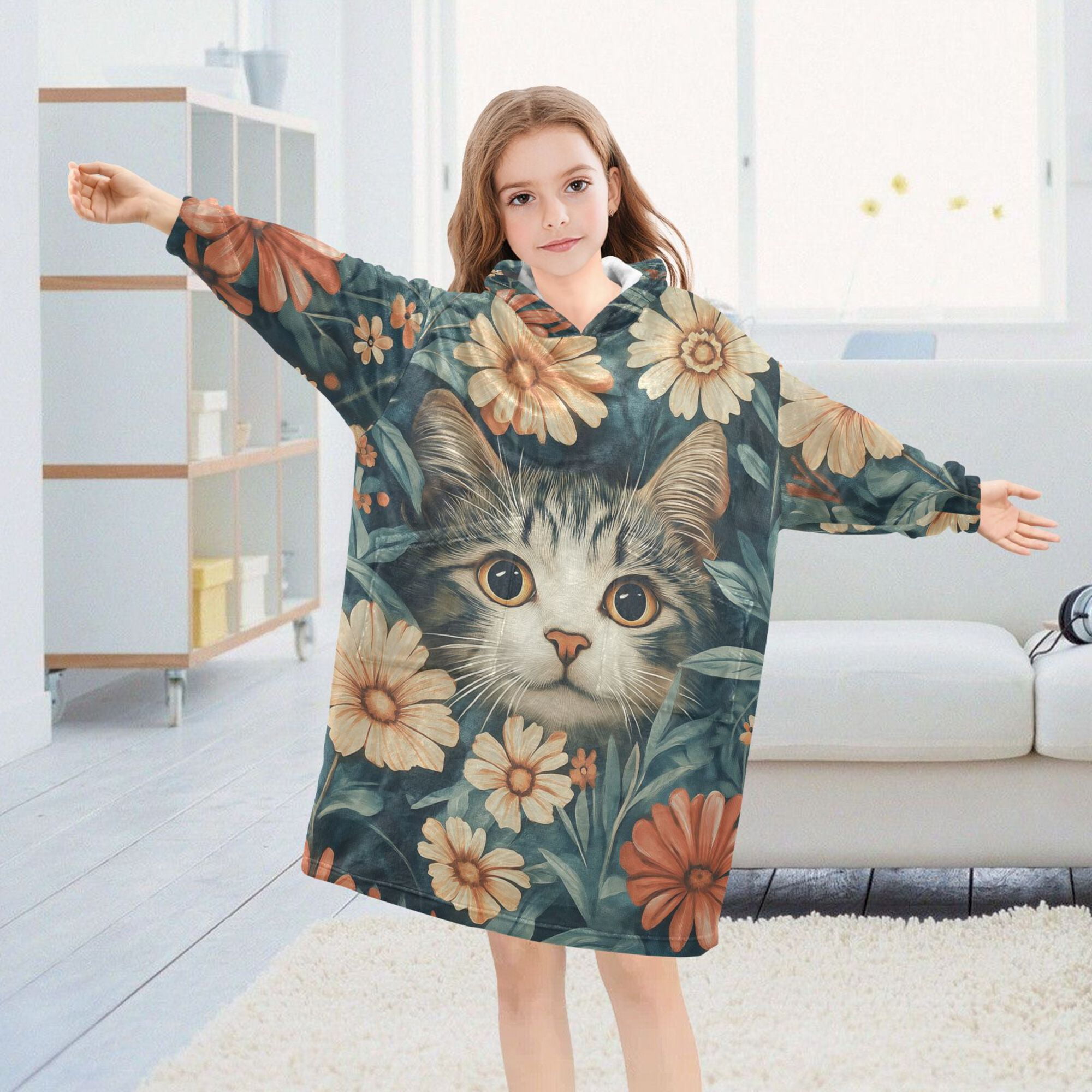 FORMRS Wearable Blanket Hoodie with Sleeves for Kids Cozy Flannel Sweatshirt, Flowers Cat