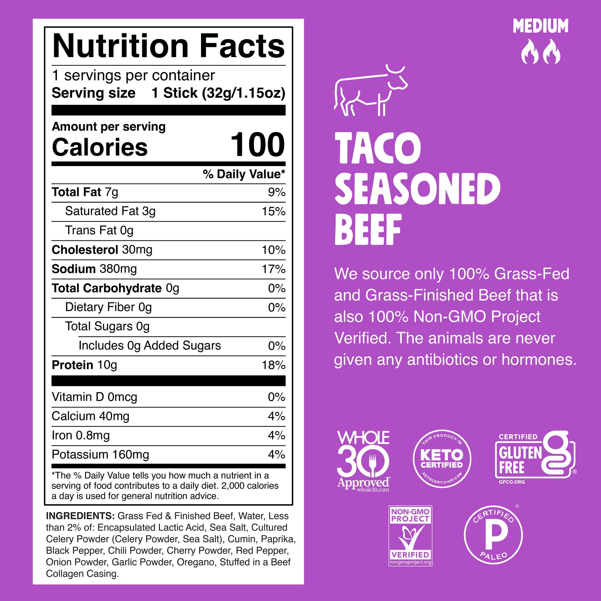 Chomps Grass-Fed And Finished Taco Beef Meat Sticks (8 Count)