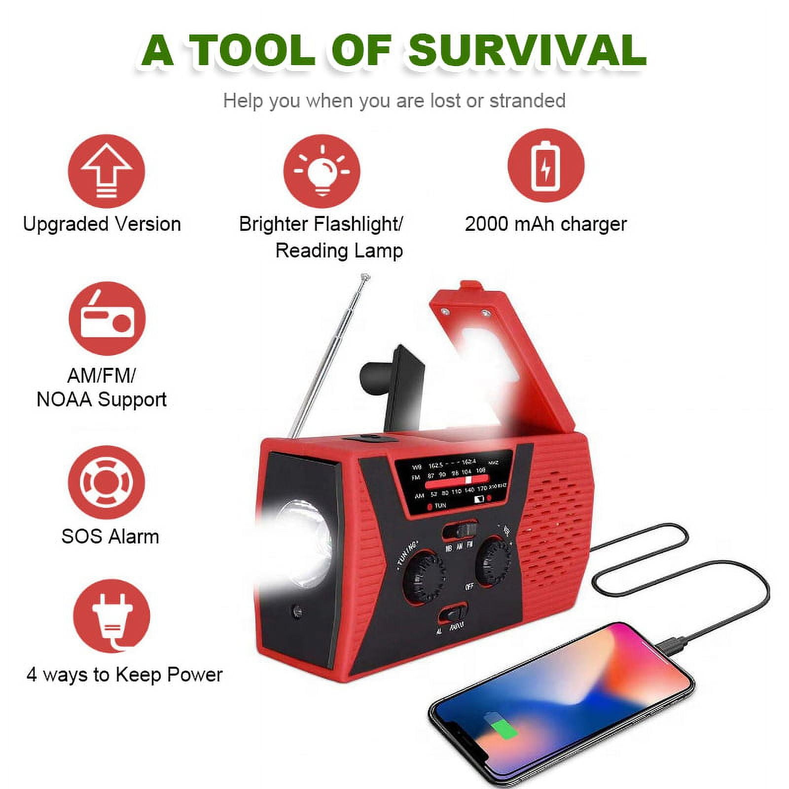 Amerteer Emergency Solar Hand Crank Radio,AM/FM/NOAA Weather Radio ,Portable Hurricane Survival Radio with LED Flashlight, Reading Lamp, 2000mAh Cell Phone Charger, SOS Alert