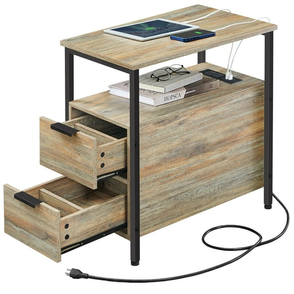 VASAGLE Table d'Appoint avec Station de Charge, Table de Bout Étroite avec 2 Tiroirs, Table de Chevet Mince avec Rangement, pour Petits Espaces, Chêne avec Grains Bleus et Noir ULET321B60