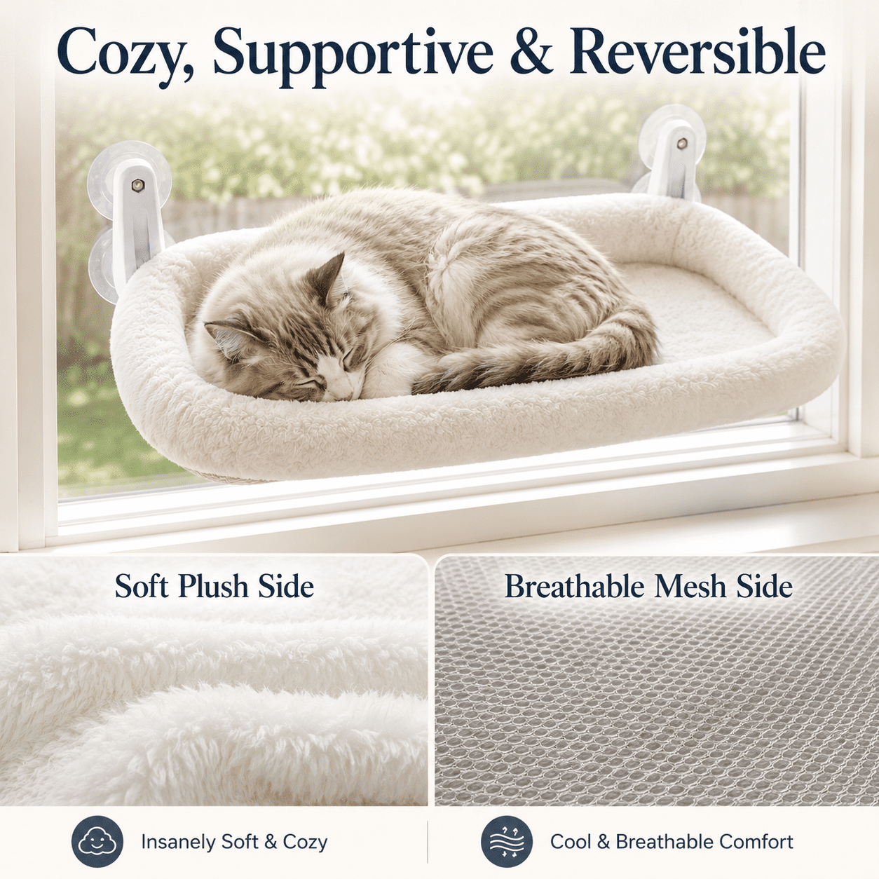 L&W BROS. Cat Window Perch with Soft Cushion, Foldable Cat Window Hammock Hold up 50 lb, Machine Washable, Easy to Assemble, White