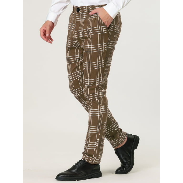 Mens Tan Plaid Pants Slim Fit Tartan Check Trousers Beige – Wolf